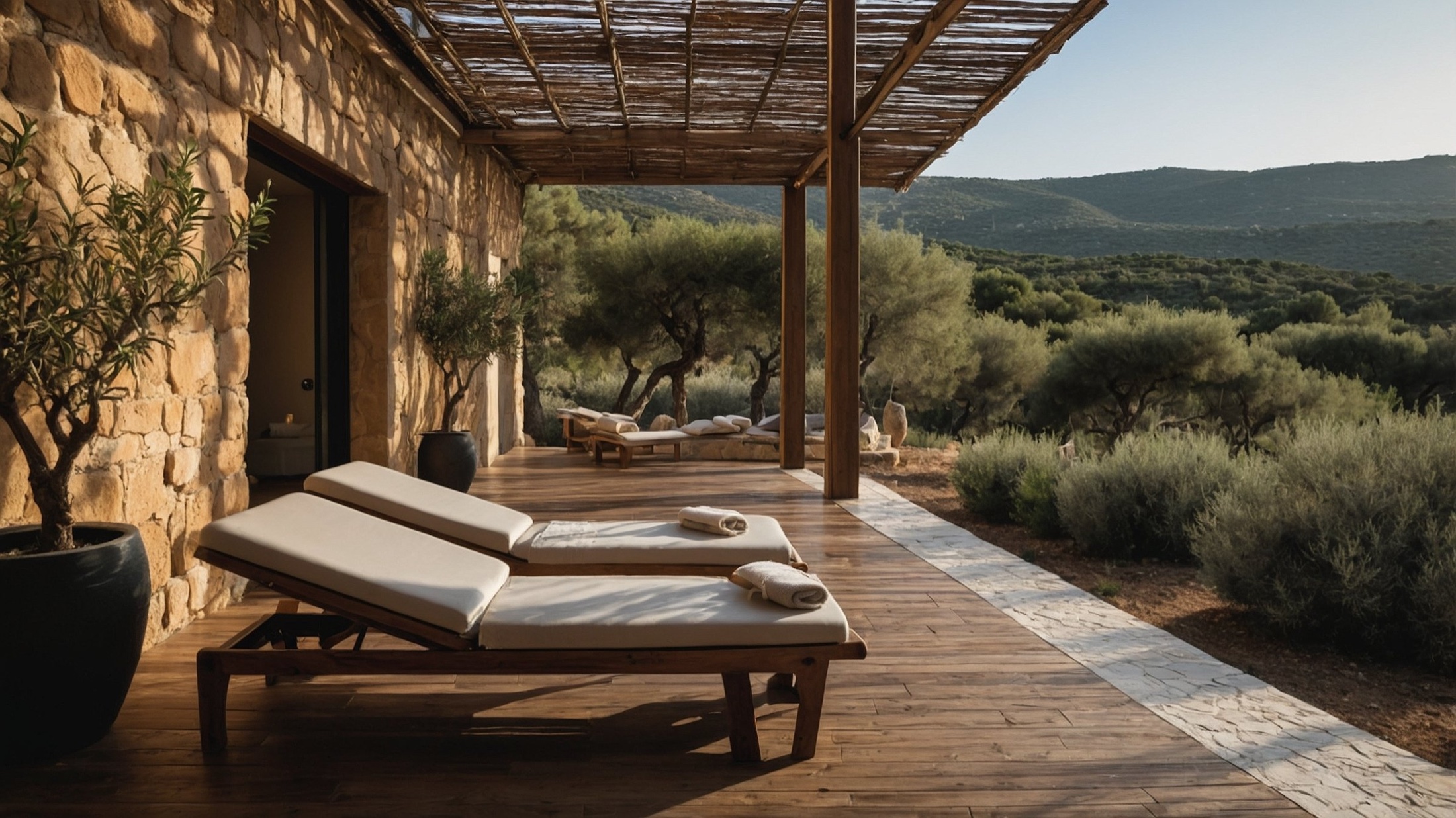 Terrasse en pierre face au maquis corse
