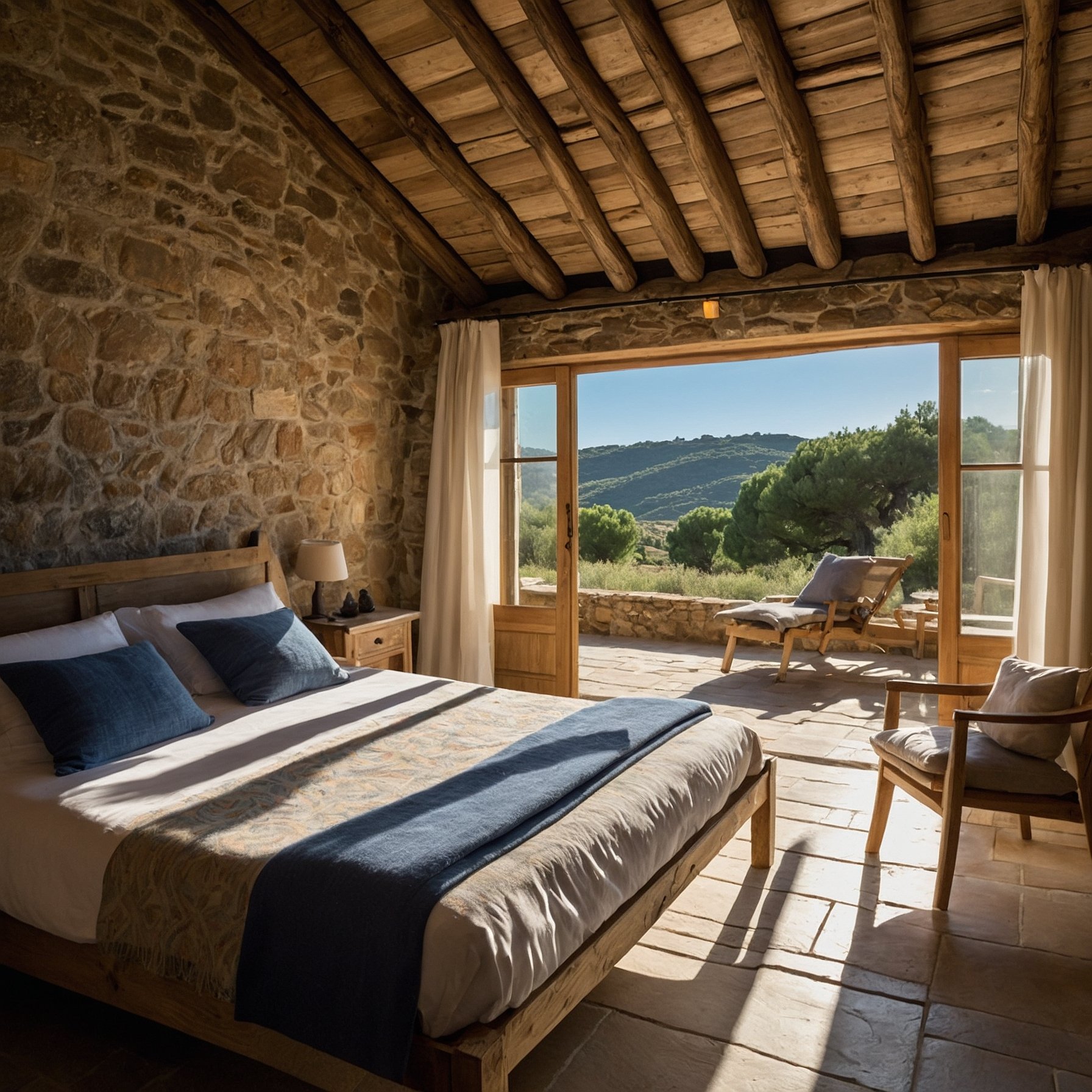 Vue panoramique d'un hôtel de luxe en Corse avec architecture traditionnelle et nature environnante.