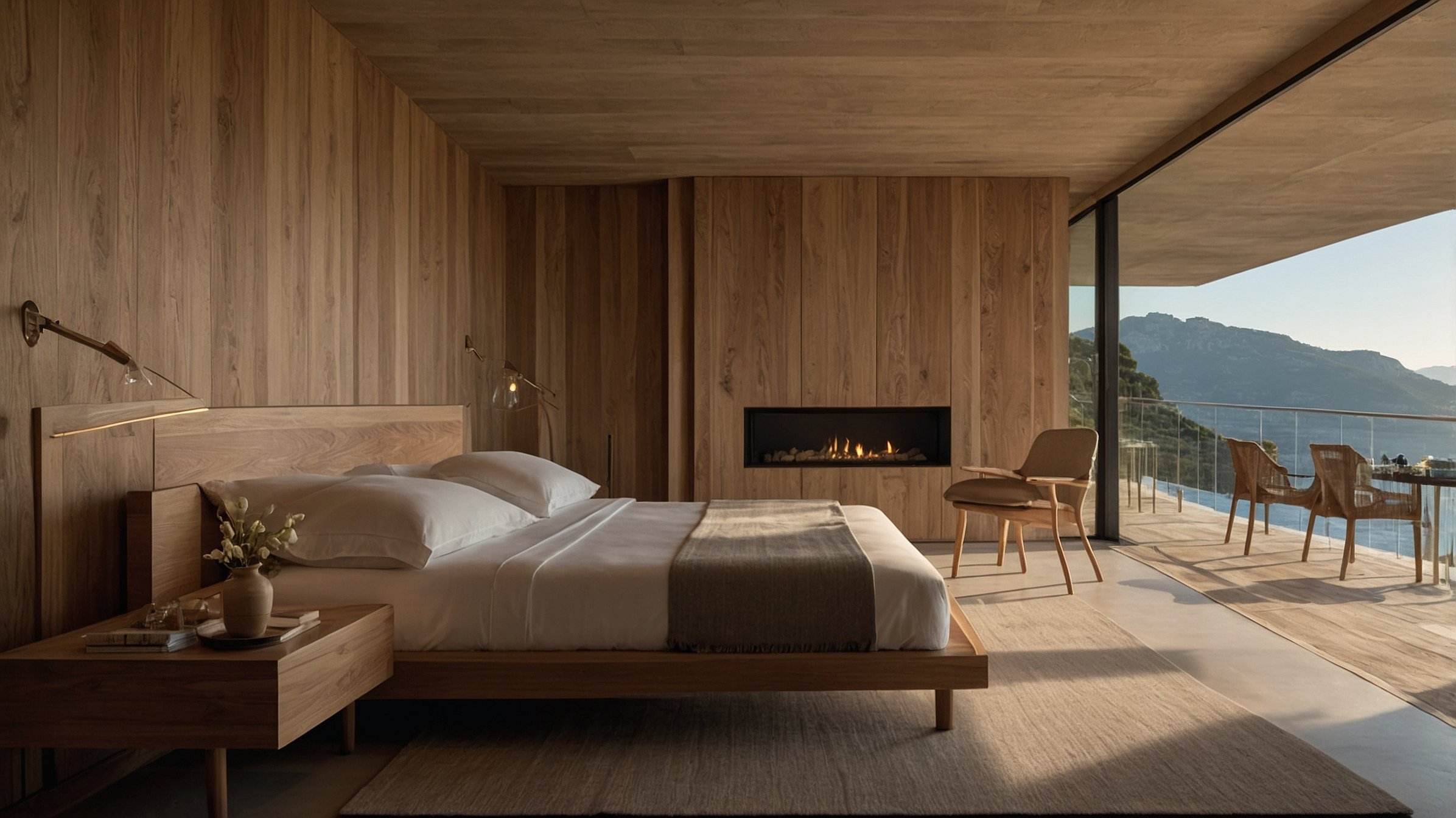 Suite d'hôtel avec mobilier modulable et matériaux naturels corses.