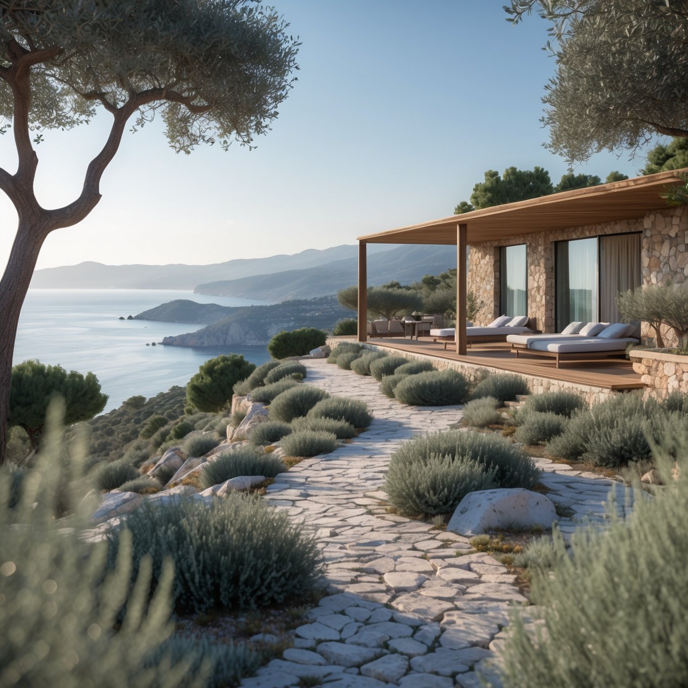 Villa en pierre avec terrasse en bois et vue panoramique sur la mer en Corse