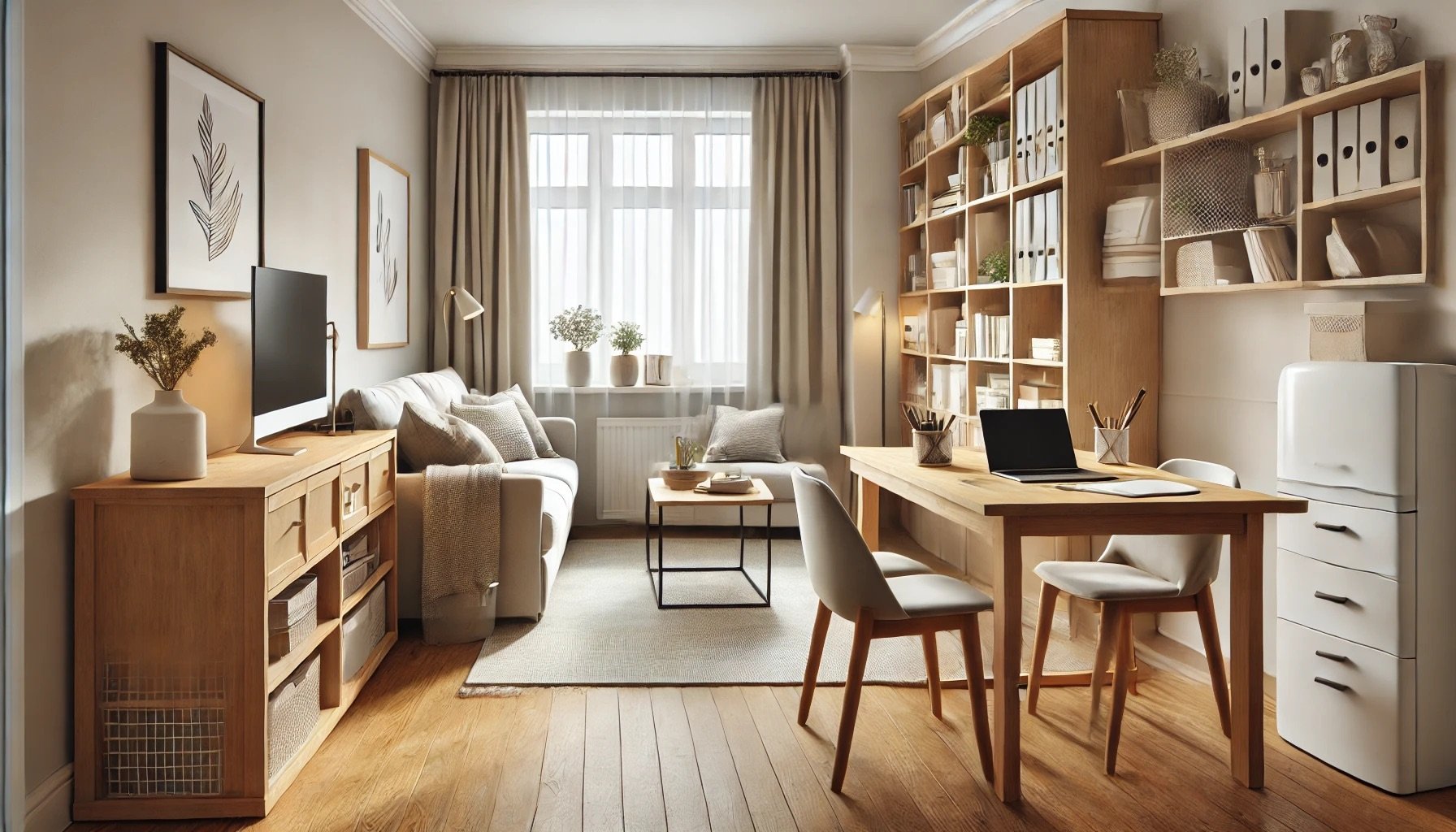 Bureau moderne avec bibliothèque et décoration minimaliste