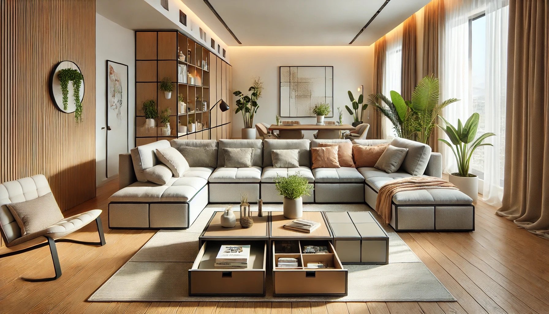 Maison familiale avec un espace multifonctionnel combinant salon, bureau et salle de jeux, aménagé avec des meubles modulables et des rangements sur mesure.