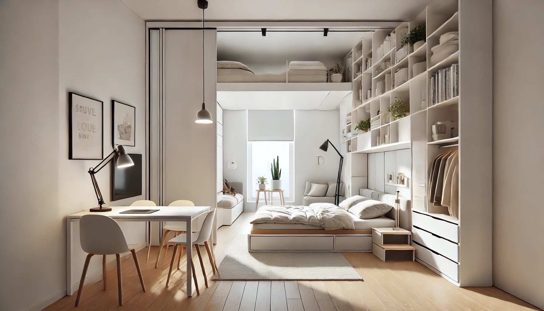 Chambre moderne avec mezzanine intégrée, idéale pour optimiser l’espace, avec des rangements pratiques et une décoration minimaliste.