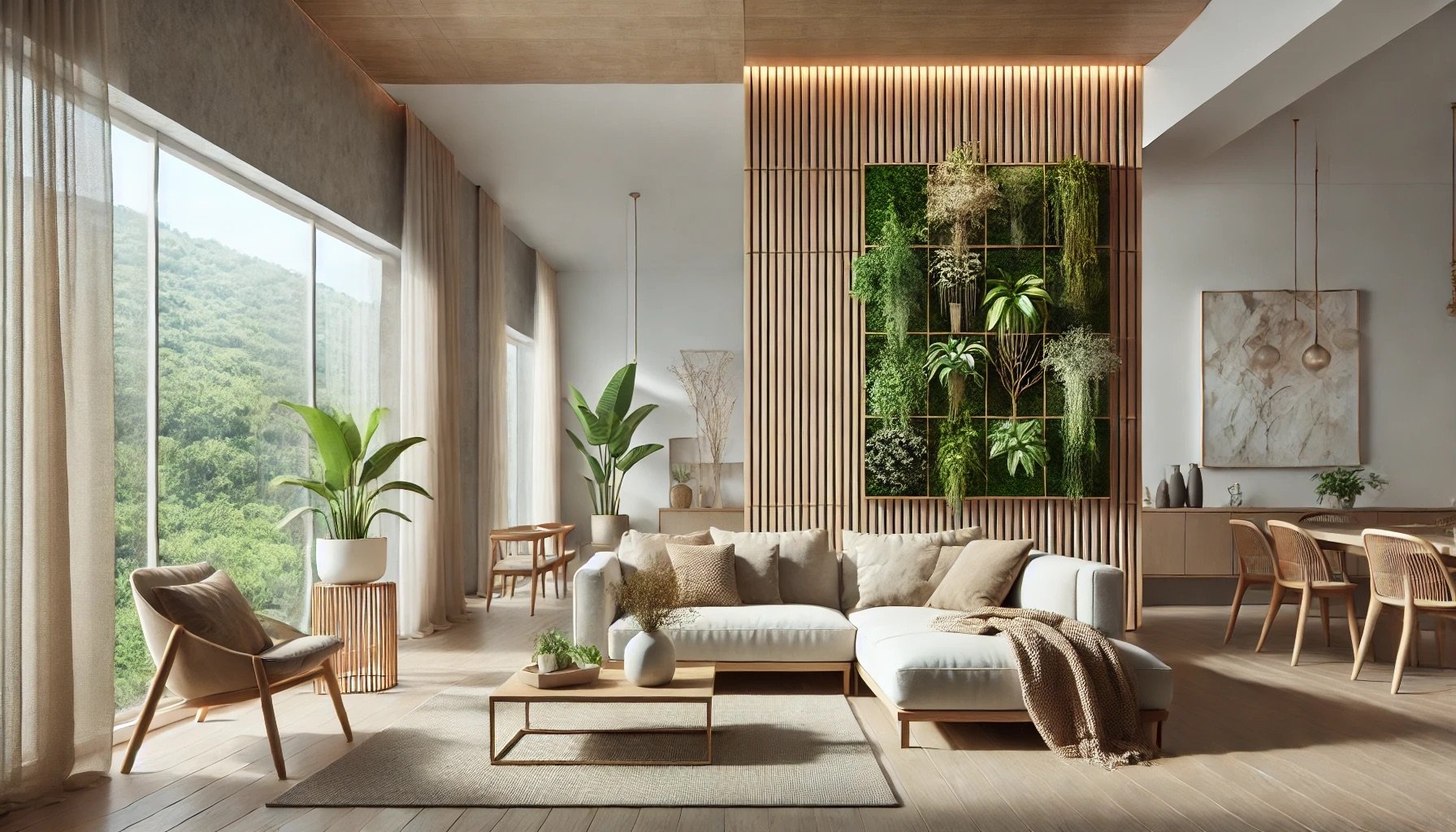 Un salon moderne inspiré de la biophilie, intégrant un mur végétal et des matériaux naturels pour une ambiance apaisante et connectée à la nature.