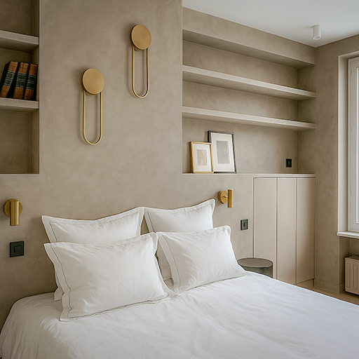 Chambre élégante signée Corsica Design, avec niches murales intégrées, étagères épurées et appliques dorées sur un mur taupe.