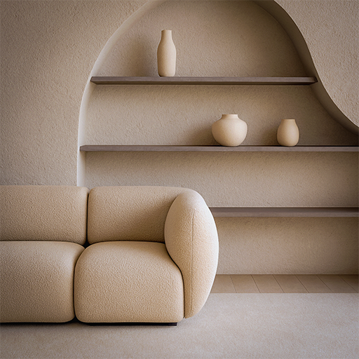 Salon contemporain Corsica Design avec canapé texturé beige et niche murale sculpturale organique intégrant des étagères en bois clair.