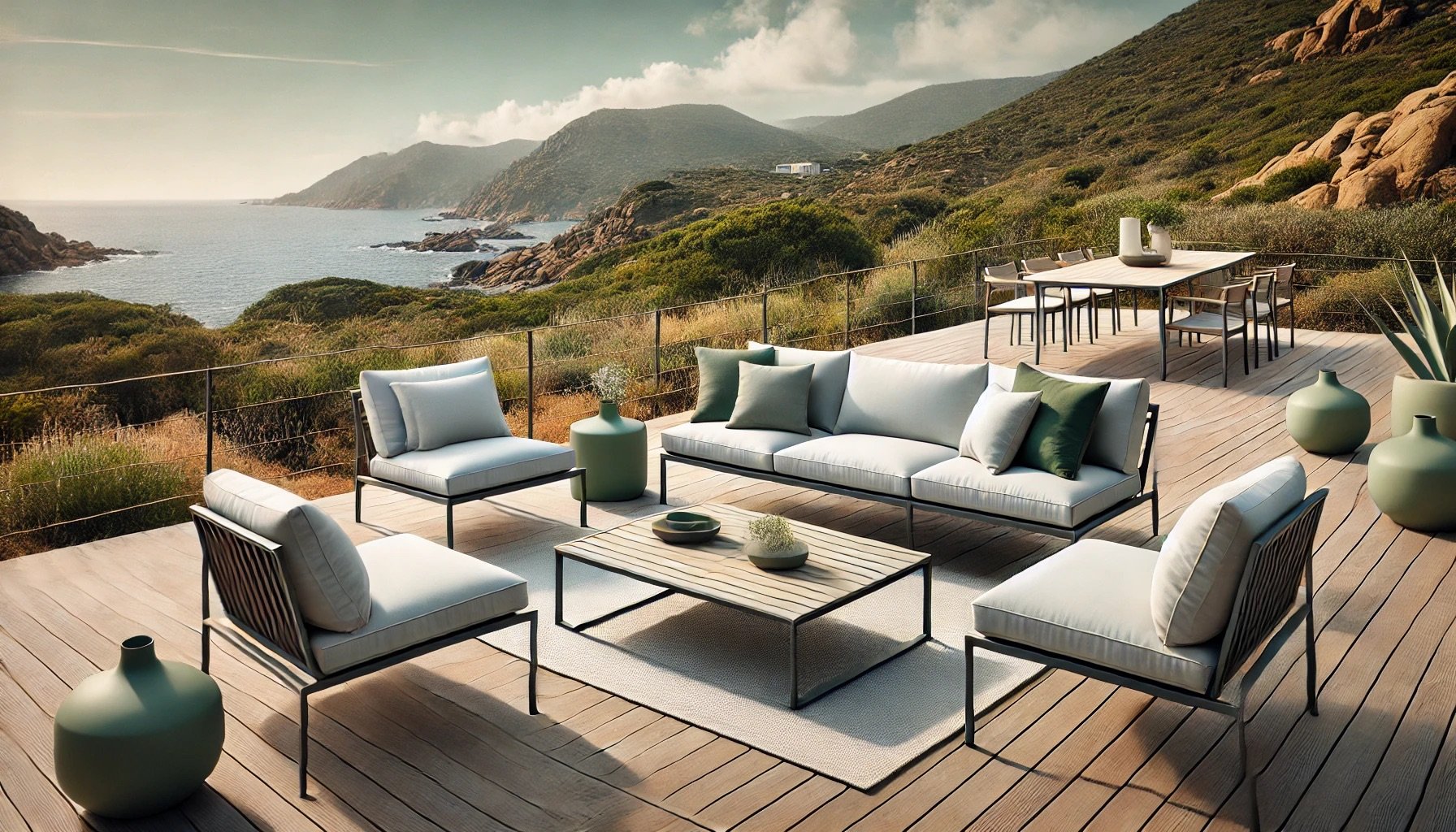 Terrasse aménagée avec mobilier confortable et vue montagne