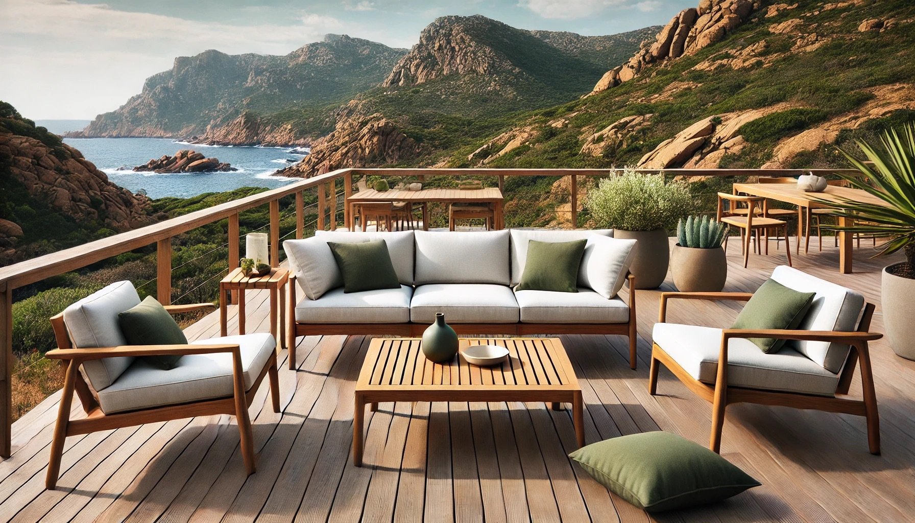 Salon extérieur avec vue panoramique sur les montagnes corses