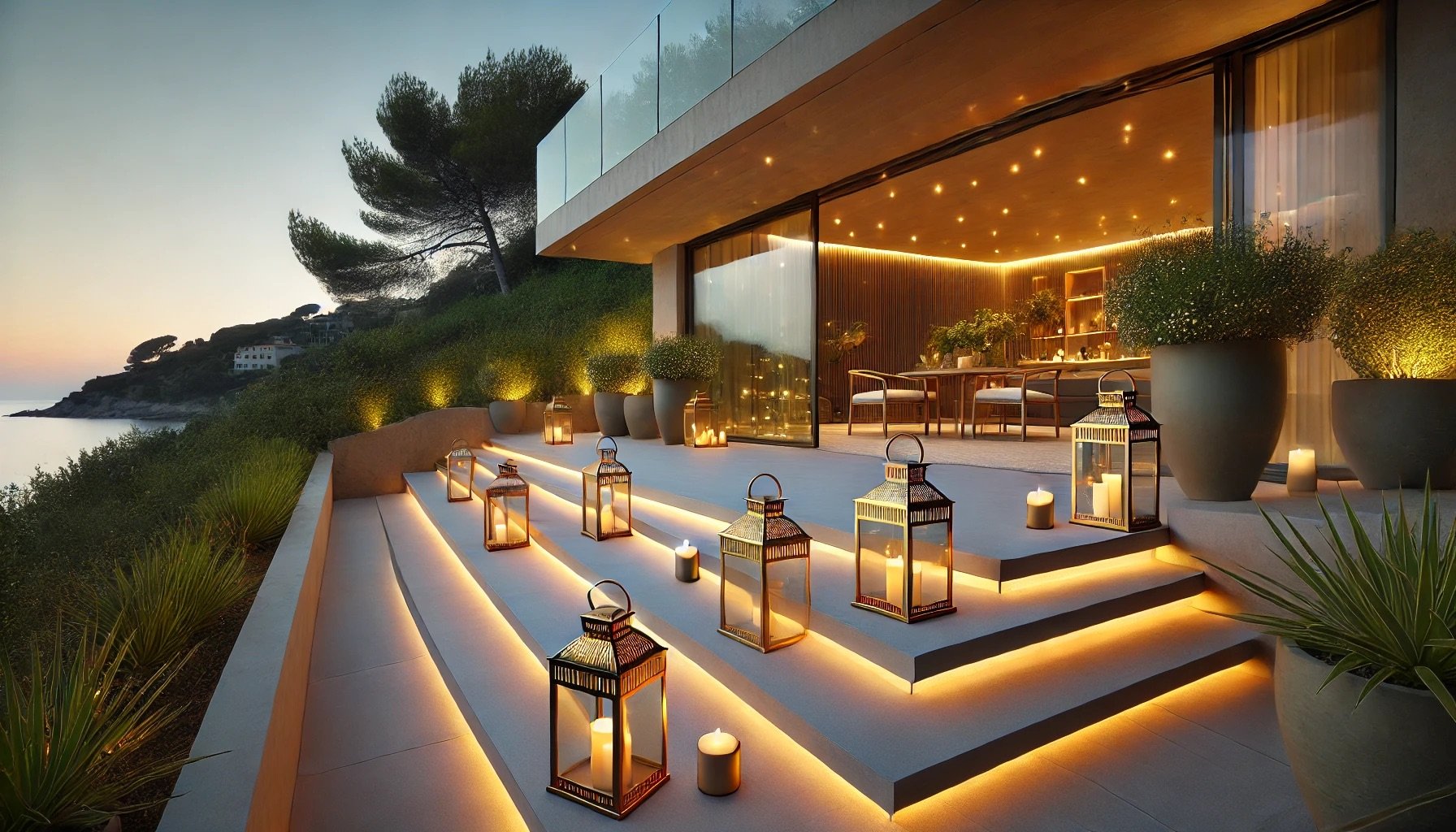 Espace lounge en terrasse avec éclairage tamisé