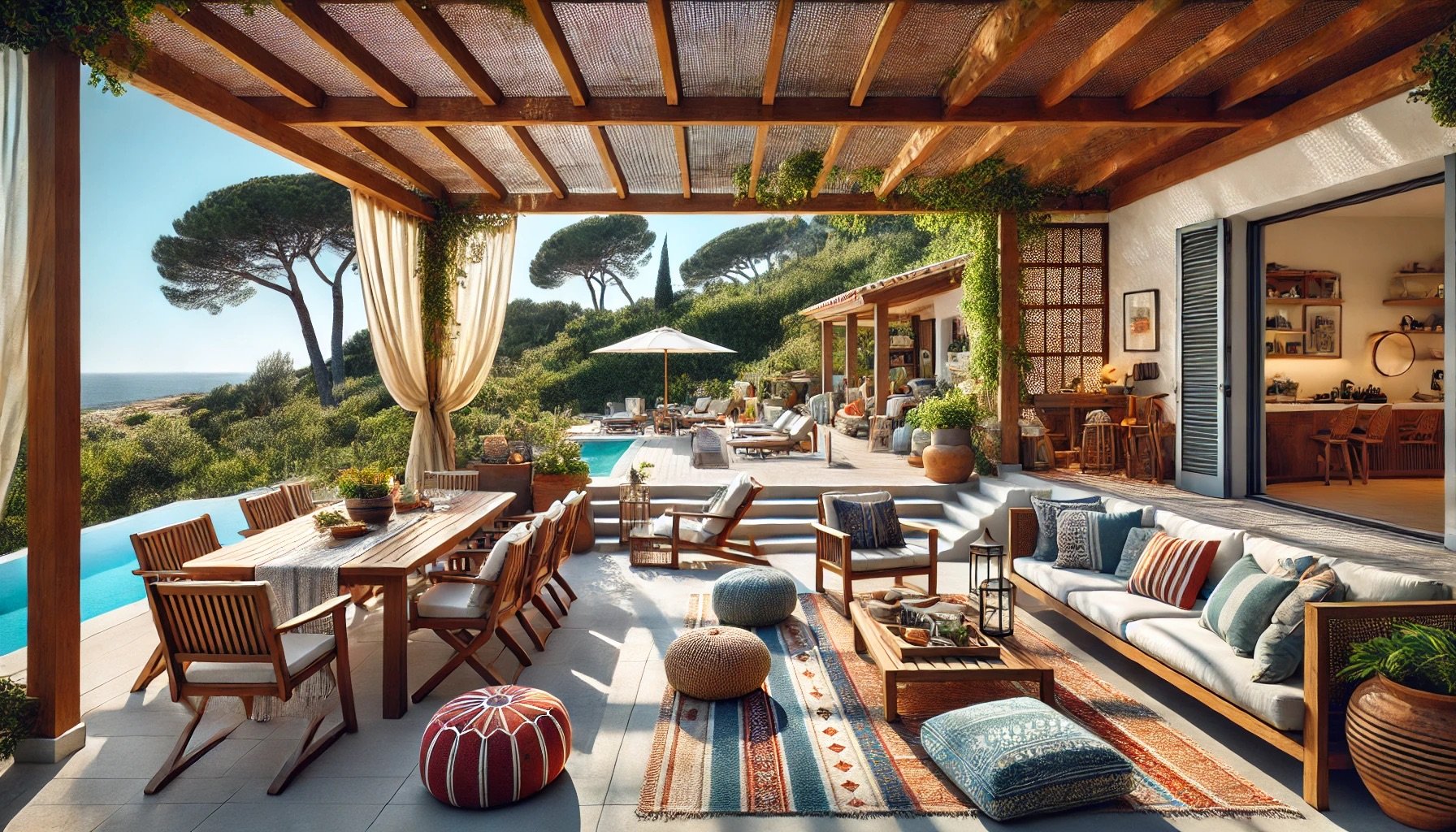 Terrasse couverte en bois avec mobilier contemporain