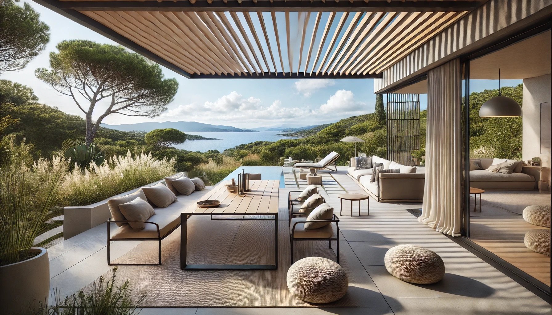 Espace extérieur aménagé avec des plantes et de la verdure, créant une oasis en Corse.