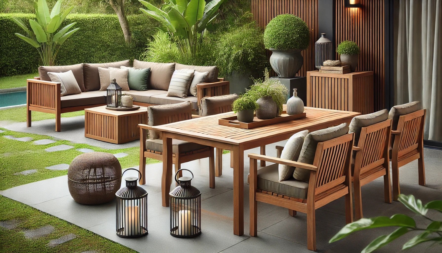 Salon de jardin moderne avec mobilier en teck, idéal pour un espace extérieur élégant en Corse.