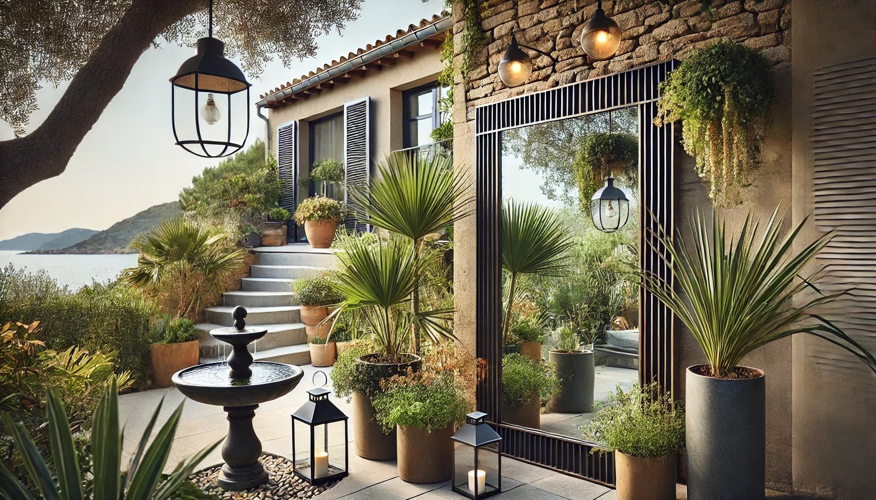Terrasse aménagée avec un éclairage ambiant chaleureux, parfaite pour des soirées en Corse.