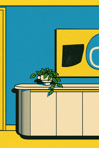 Illustration pop art d’un buffet design avec plante verte, représentant l’impact de l’aménagement intérieur sur notre bien-être et l’anxiété.