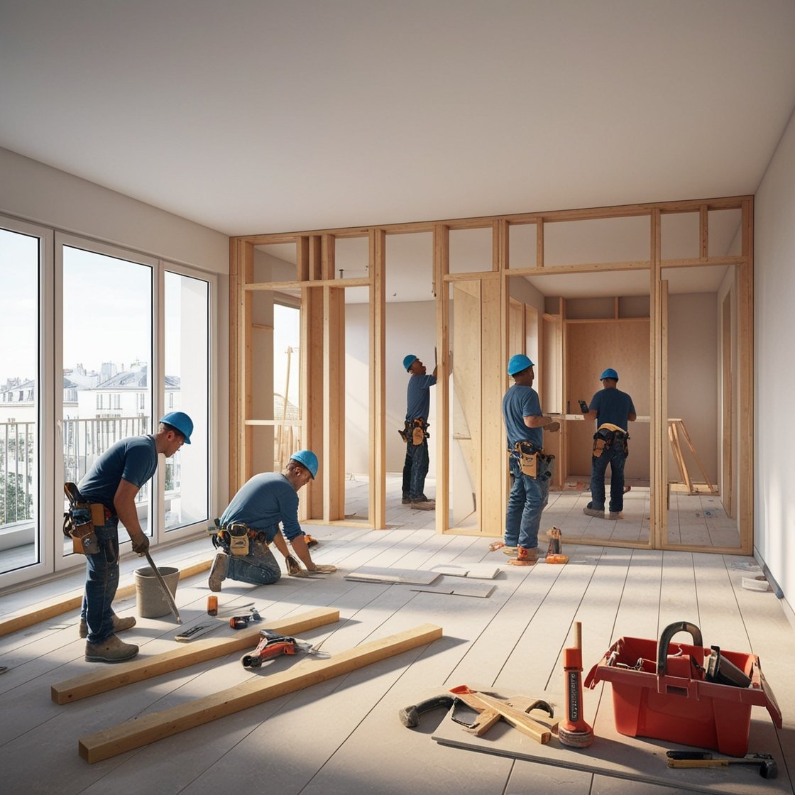 Une équipe professionnelle supervisant un chantier de rénovation, illustrant l'importance de l'assurance dommage-ouvrage.