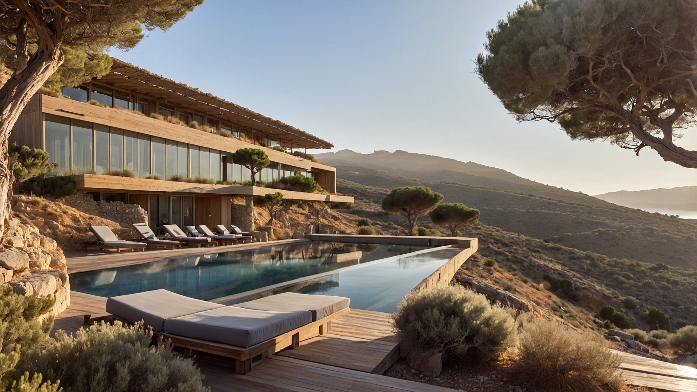 Terrasse en bois avec piscine face au maquis
