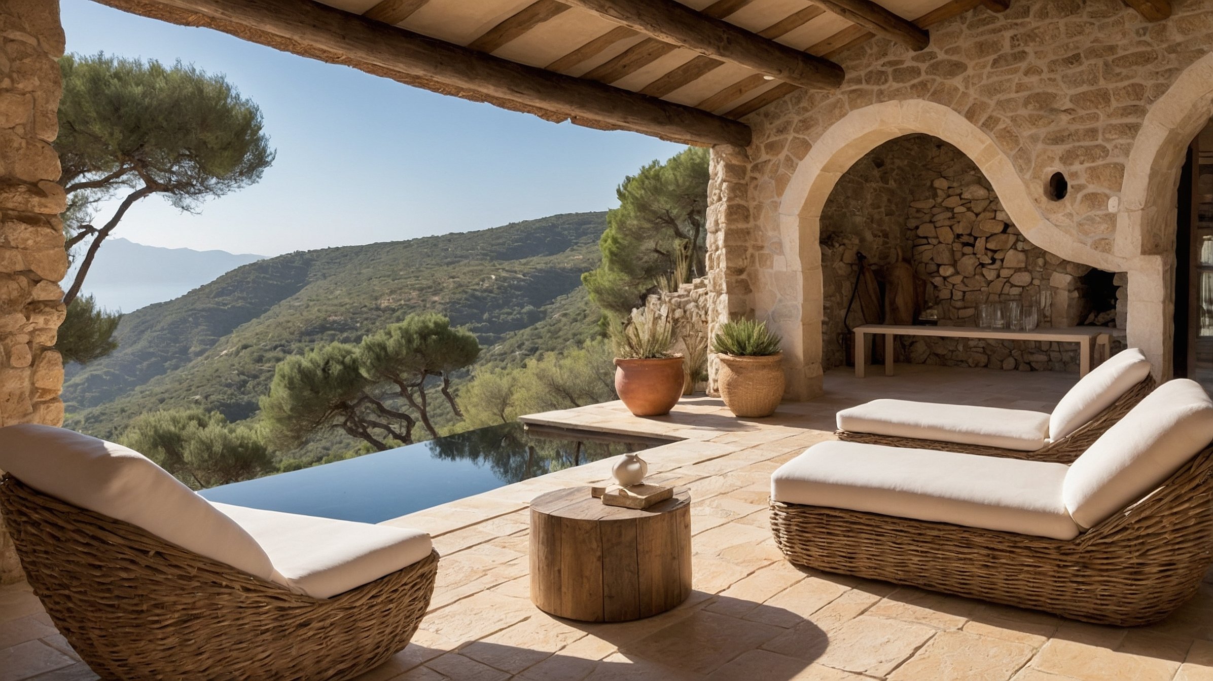 Espace lounge extérieur avec vue sur la nature corse