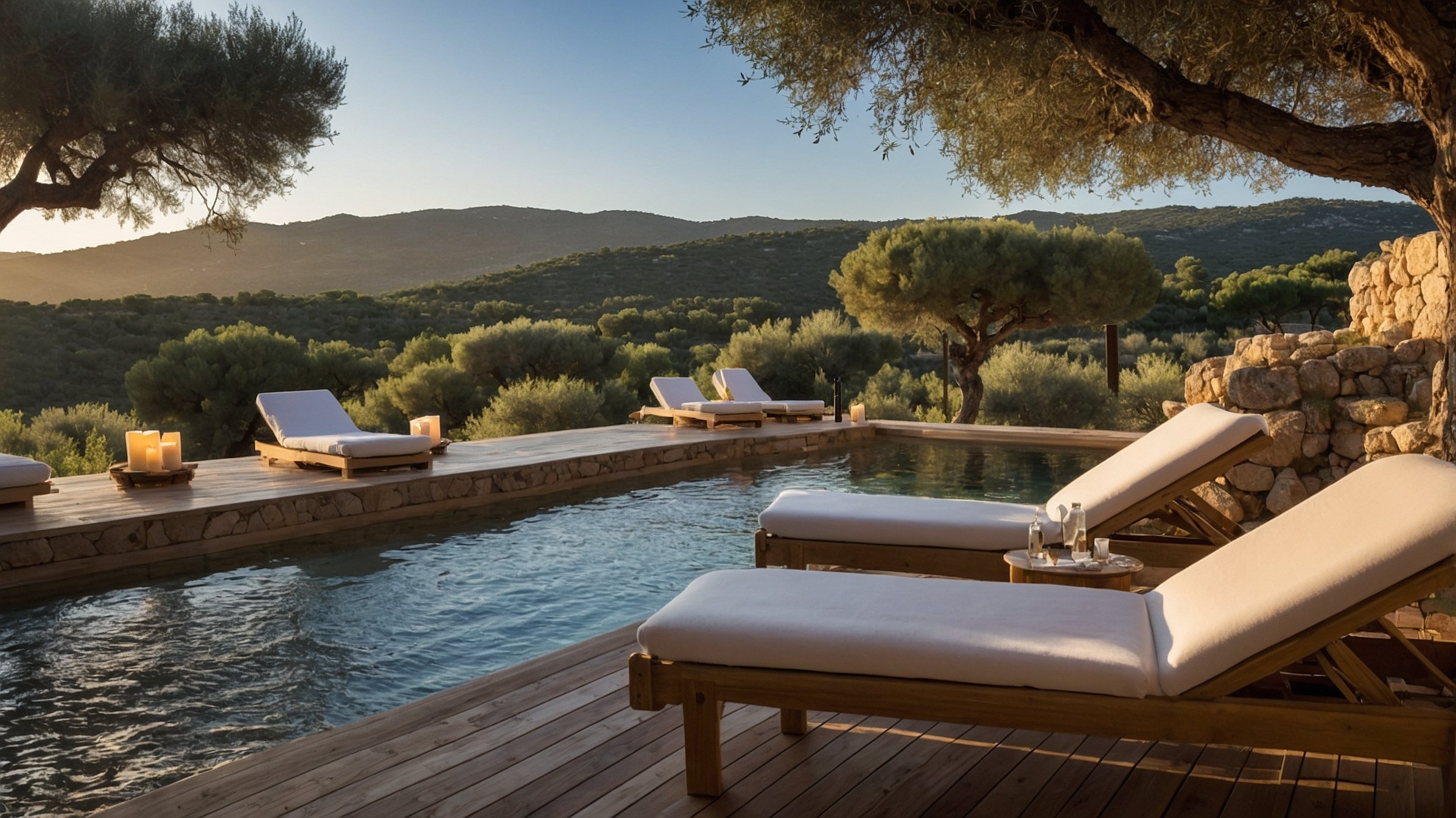 Piscine à débordement et terrasse en bois dans le maquis corse