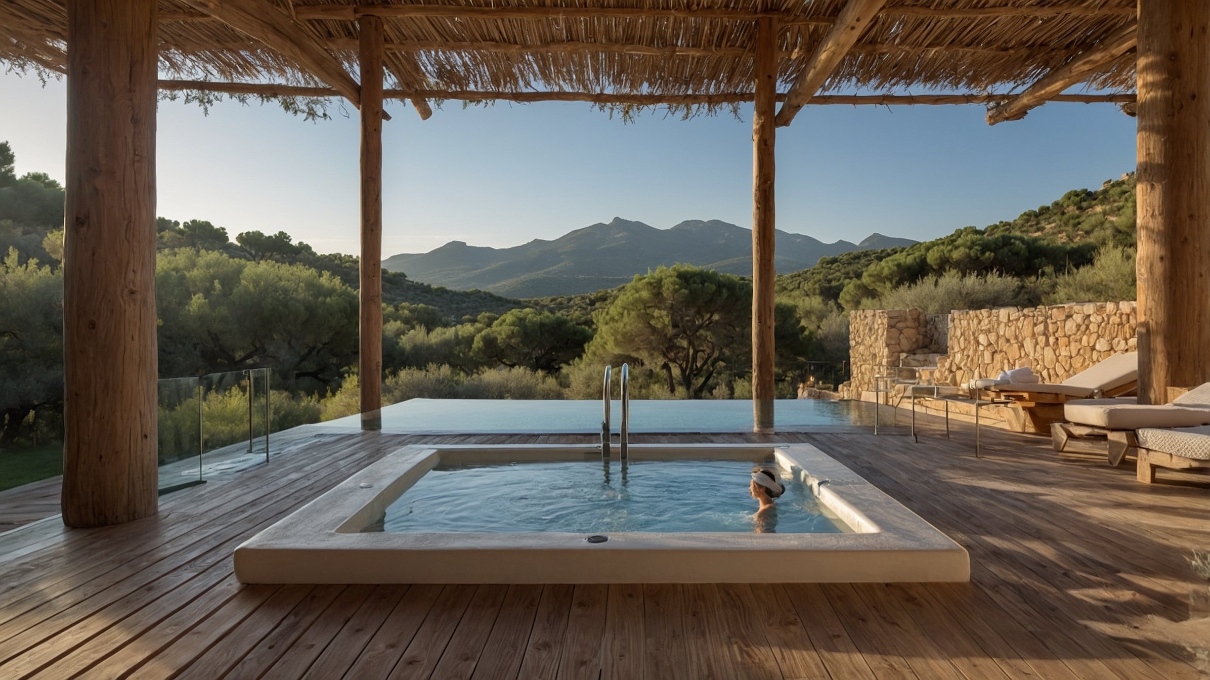 Jacuzzi extérieur avec vue sur le maquis corse