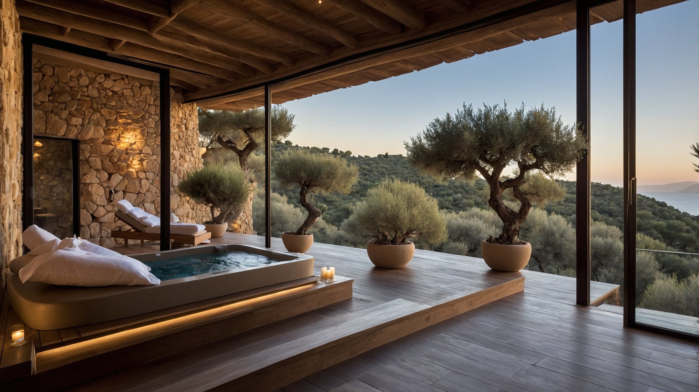 Terrasse en bois illuminée au coucher du soleil