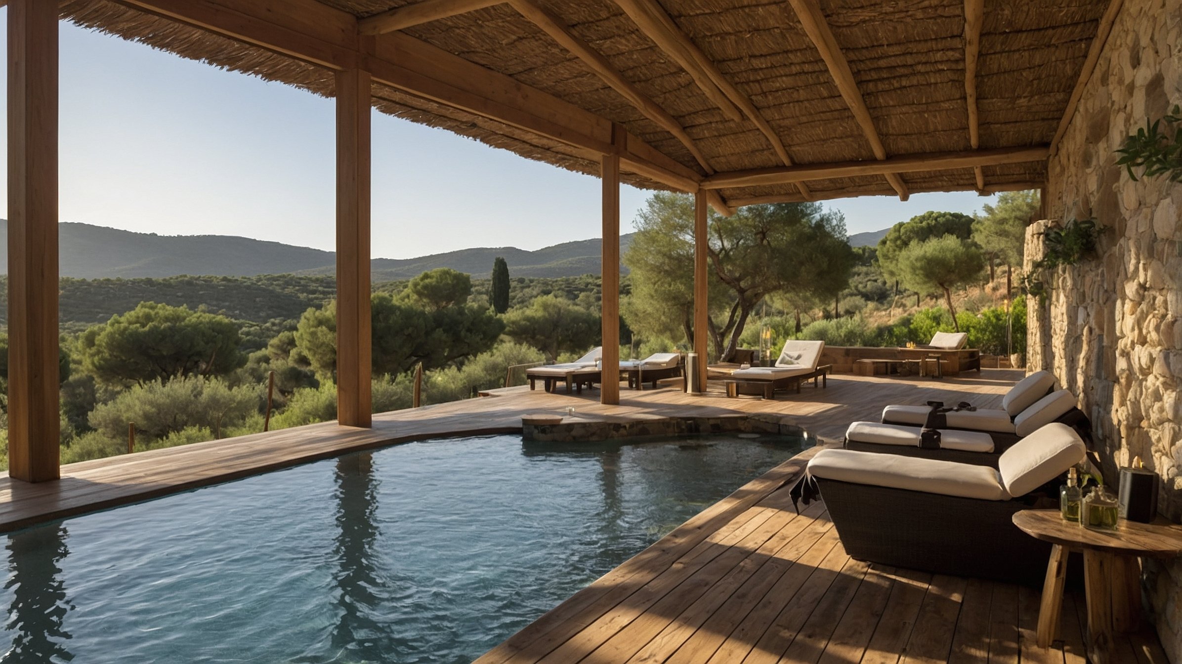 Piscine et salon extérieur sous pergola en bois