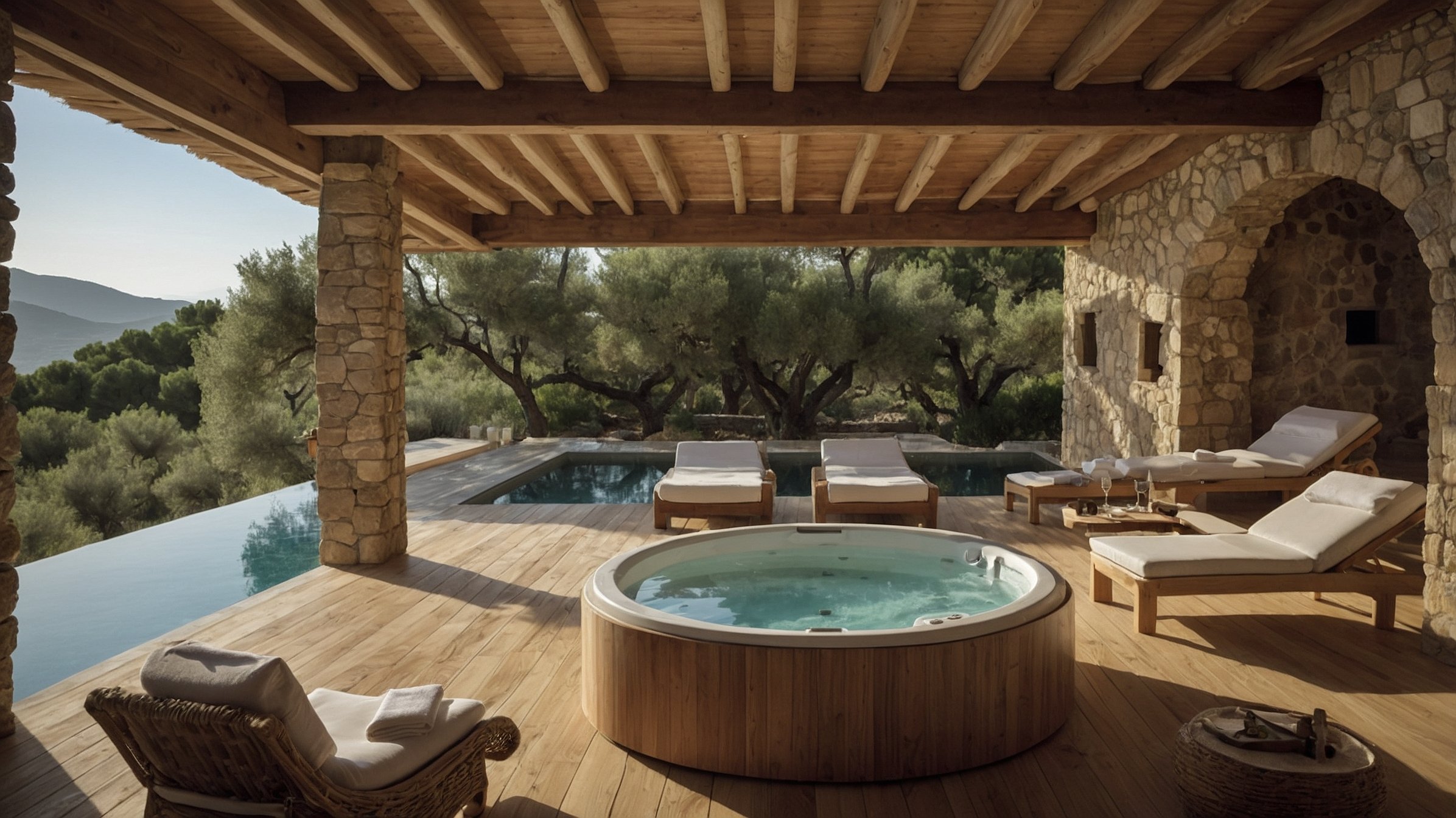 acuzzi intégré dans une terrasse en bois naturelle