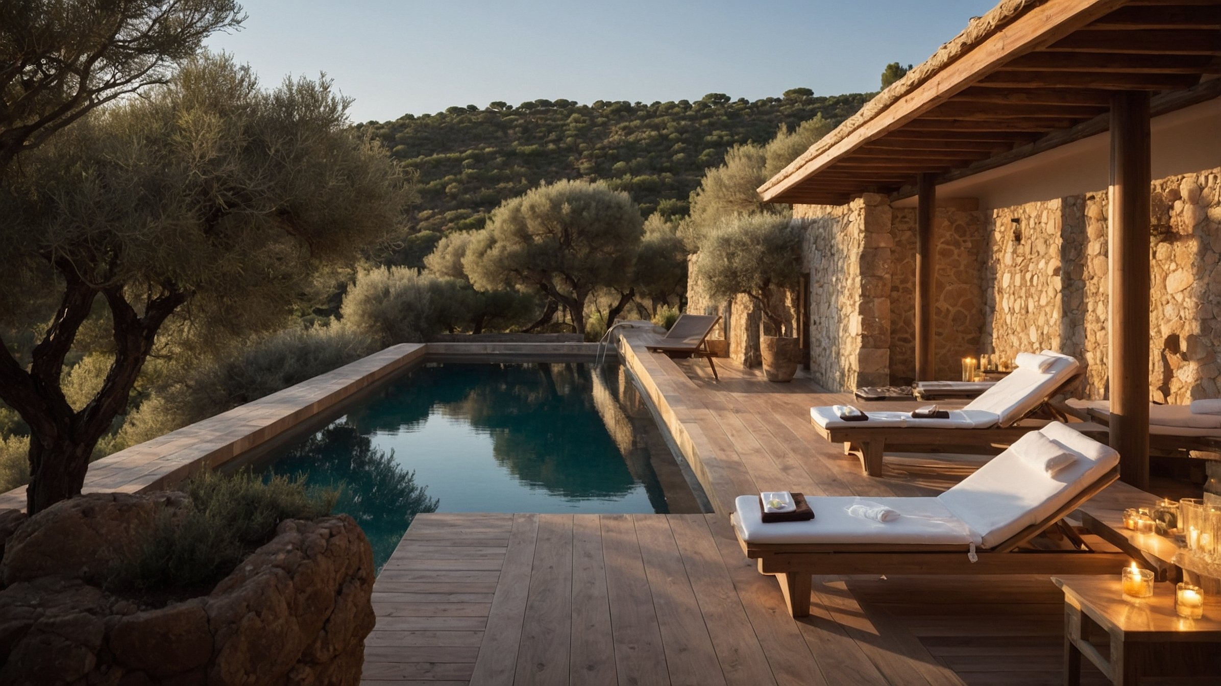 Piscine à débordement bordée d’une terrasse en bois et de murs en pierre naturelle, nichée au cœur du maquis corse. Un cadre intime et luxueux pour profiter de la sérénité de la nature méditerranéenne.