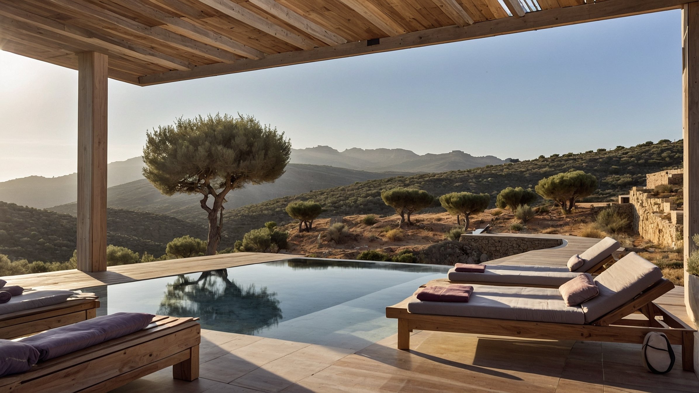 Découvrez cette terrasse en bois avec piscine à débordement, nichée dans le maquis corse. Un exemple d’éco-design et de luxe authentique signé Corsica Design.