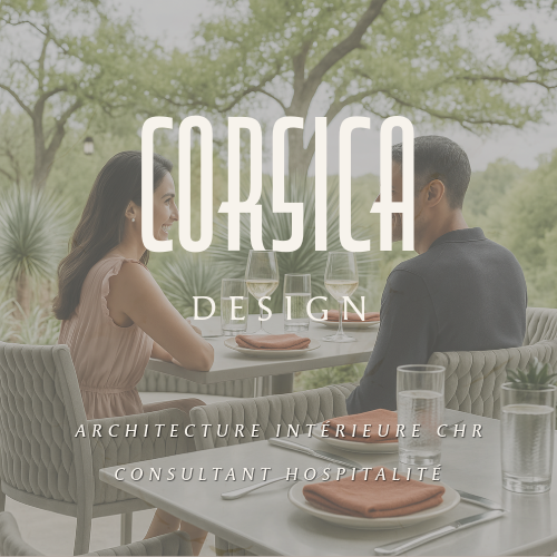 “Couple attablé sur une terrasse de restaurant en Corse, mobilier design et ambiance nature, visuel Corsica Design consultant hospitalité.”