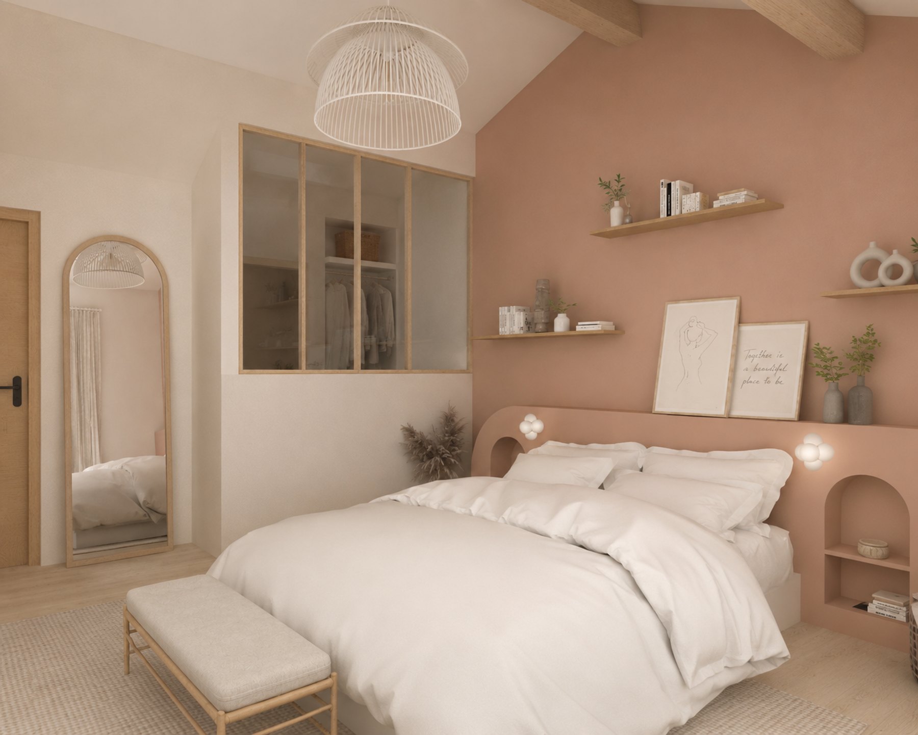 Chambre terracotta, verrière intérieure et miroir arche