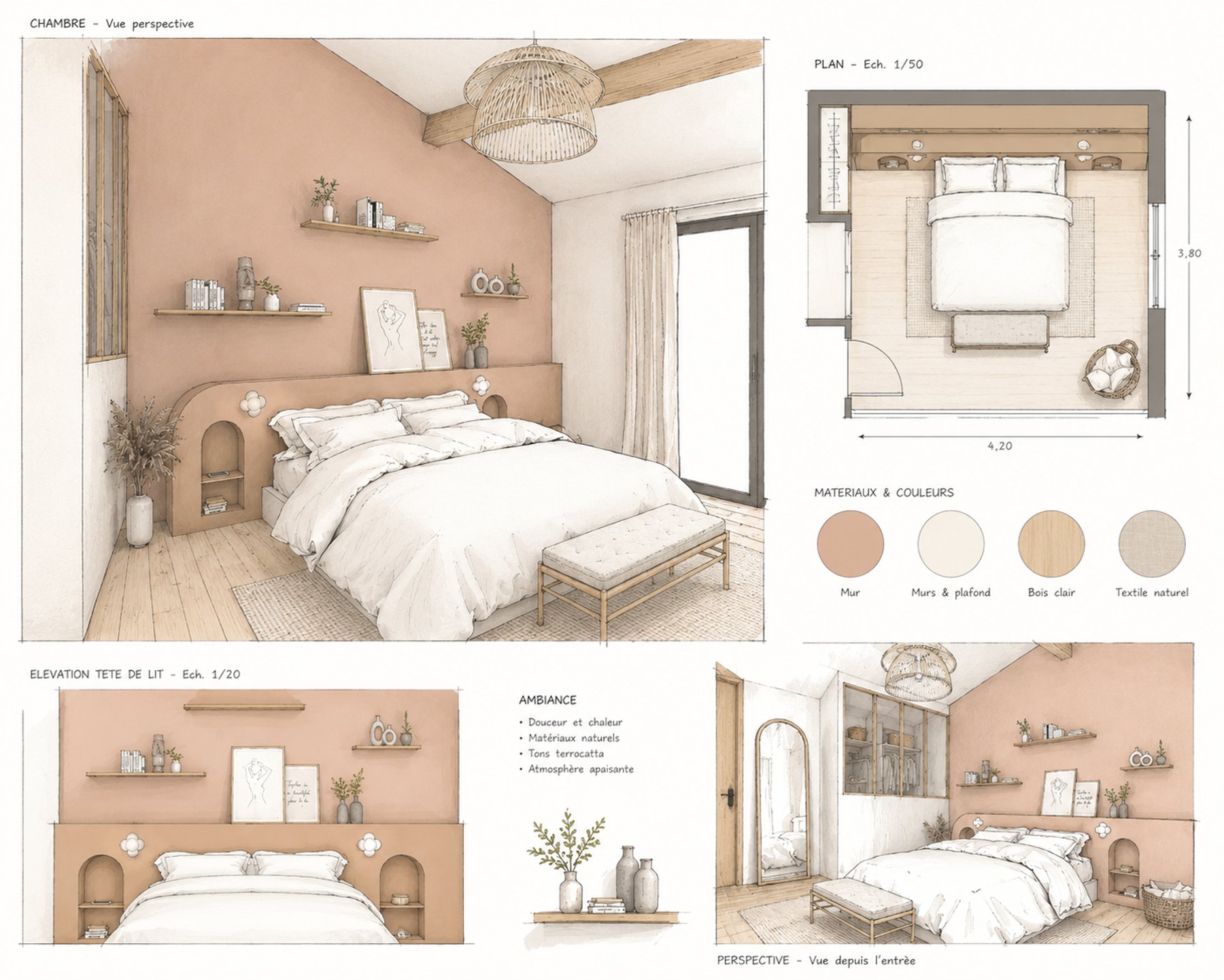 Planche d'étude : plan, élévation tête de lit, matières et couleurs