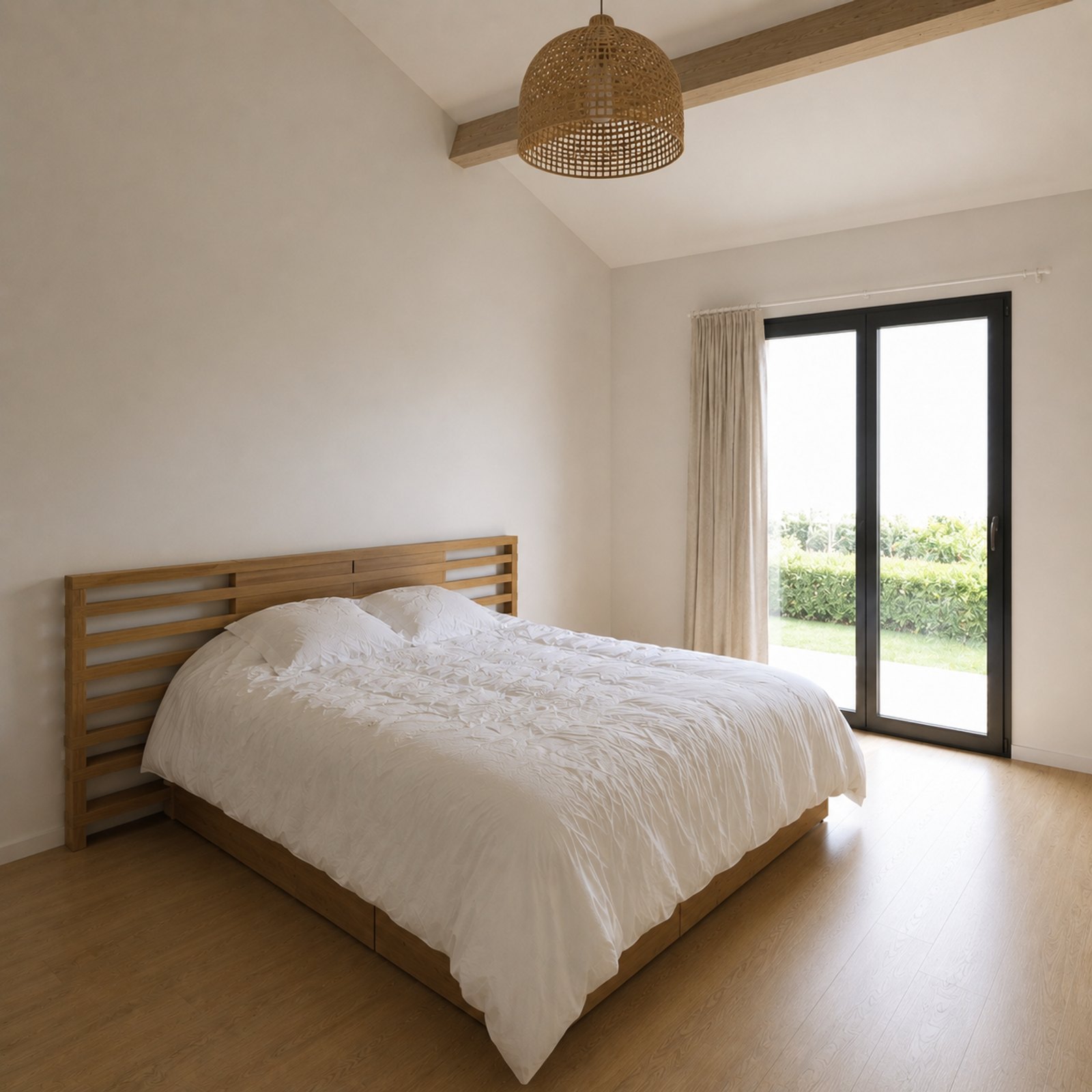 Chambre avant travaux, murs blancs et lit existant