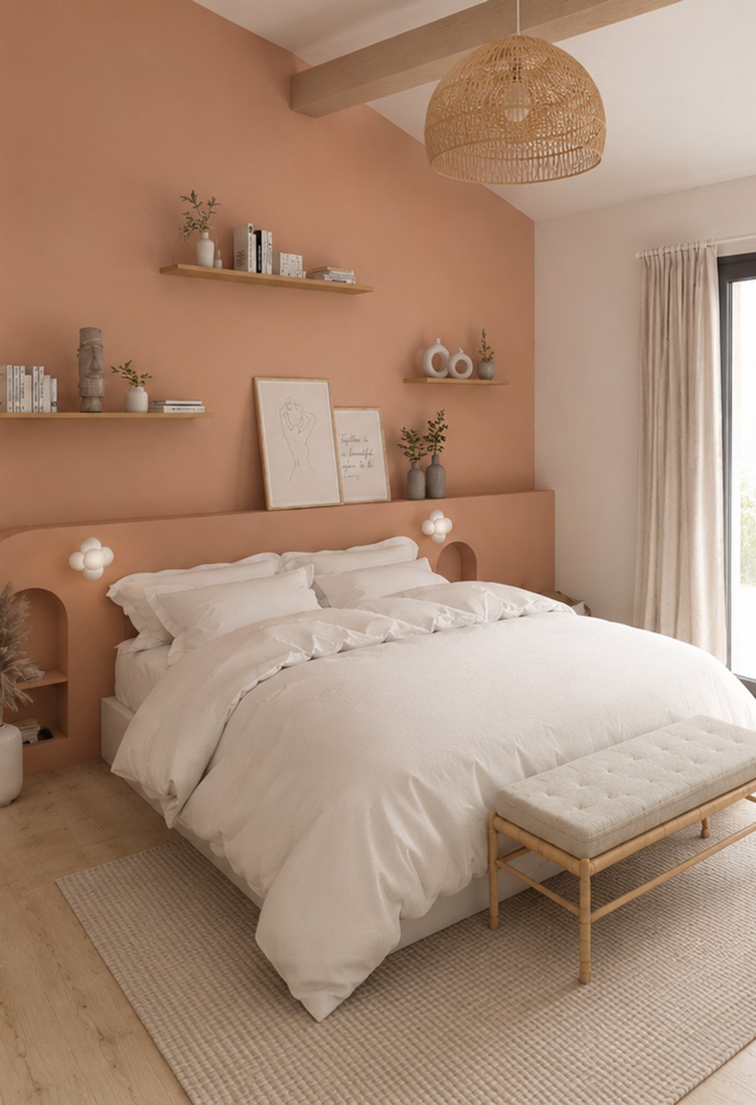 Chambre après projet, mur terracotta et étagères sur mesure