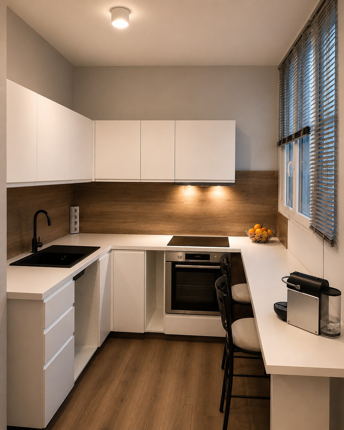 Cuisine blanche compacte, crédence bois et plan clair