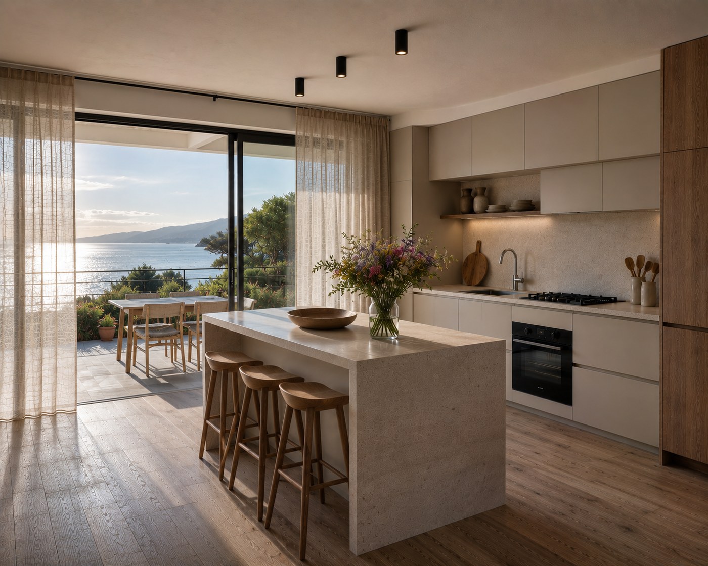 Cuisine vue mer en lumière du soir, îlot et tabourets en chêne