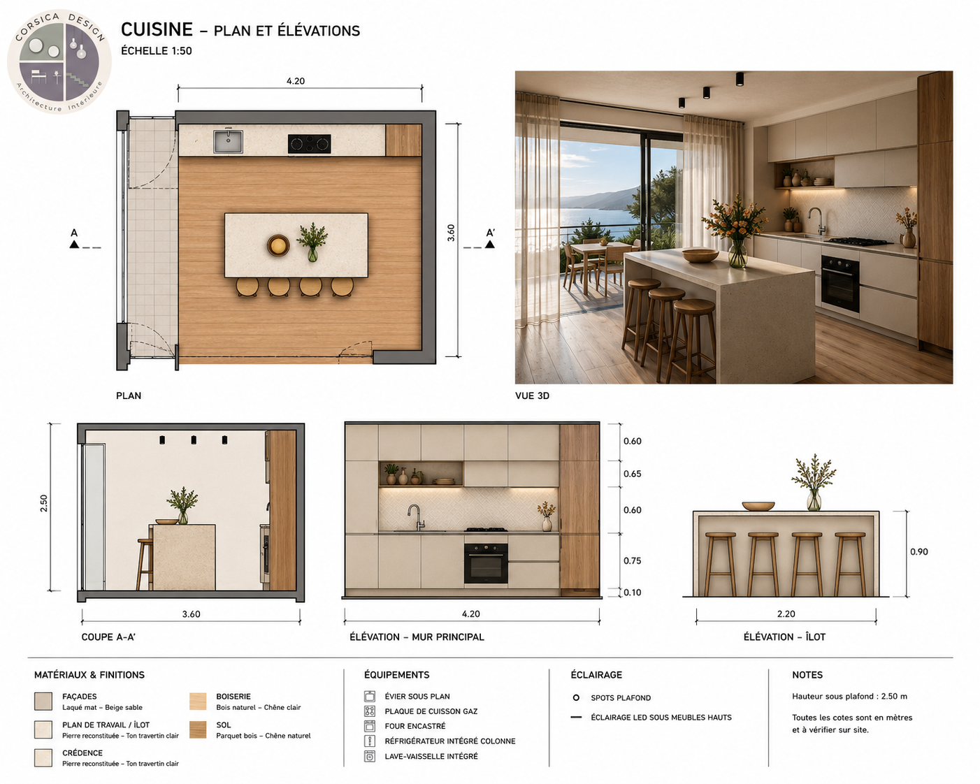 Planche technique de la cuisine : plan, vue 3D, coupes et élévations cotées, matériaux et finitions