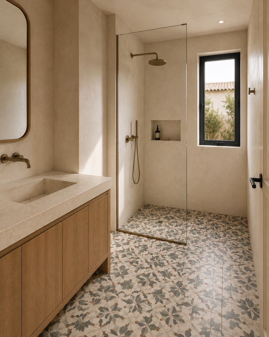 Salle de bain, vasque maçonnée et meuble en chêne clair